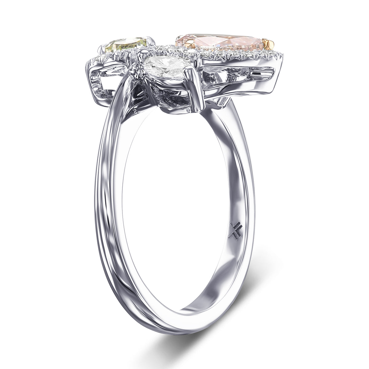 Green and Pink Asymmetrical Couture Diamond Ring