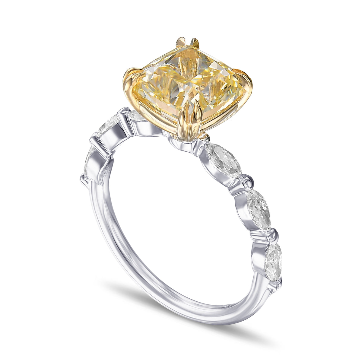 Fancy Yellow Cushion & Marquise Side-stone Diamond Ring