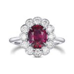 Scalloped Oval Red Ruby & Round Brilliant Diamond Halo Ring