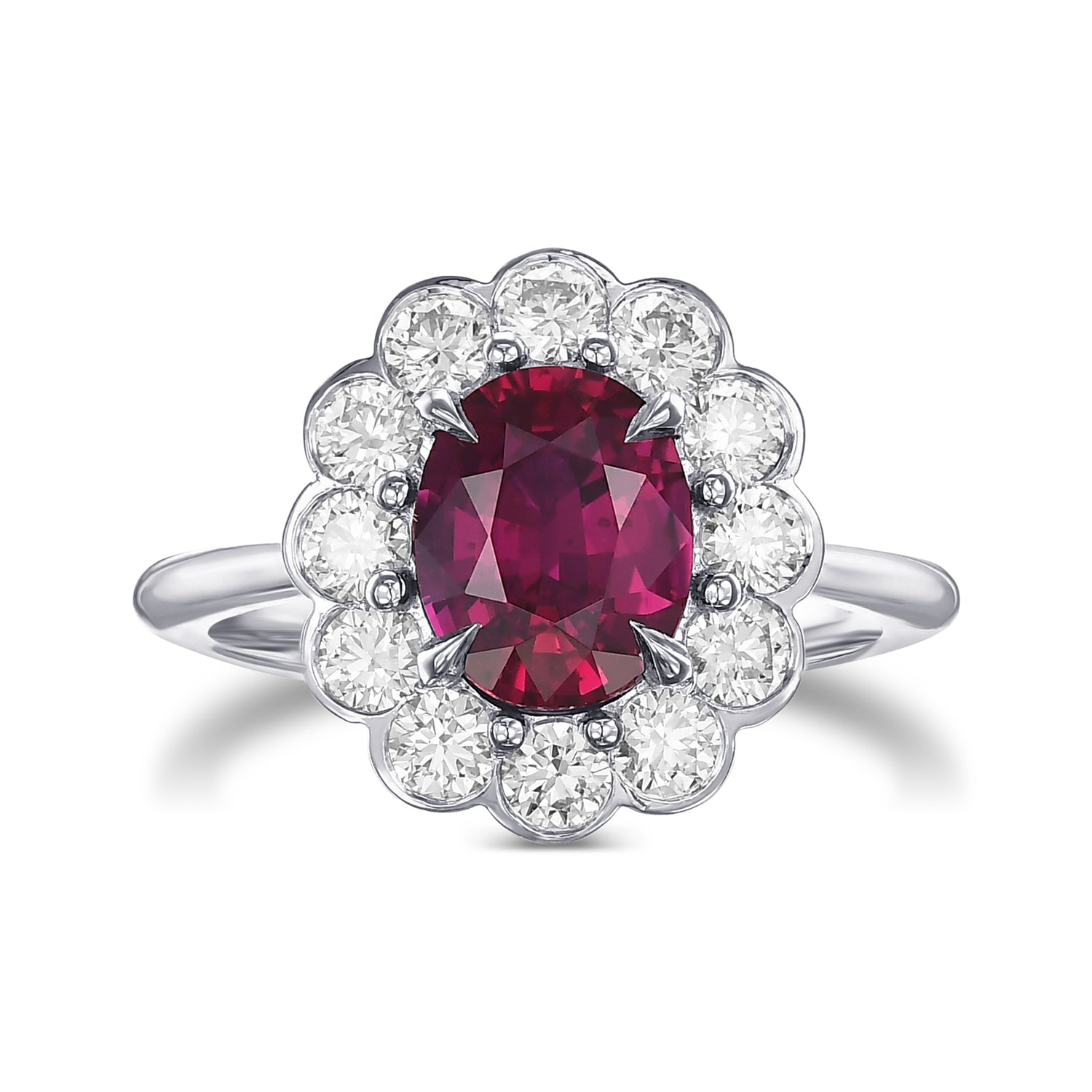 Scalloped Oval Red Ruby & Round Brilliant Diamond Halo Ring
