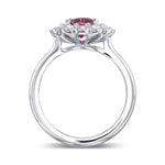 Scalloped Oval Red Ruby & Round Brilliant Diamond Halo Ring
