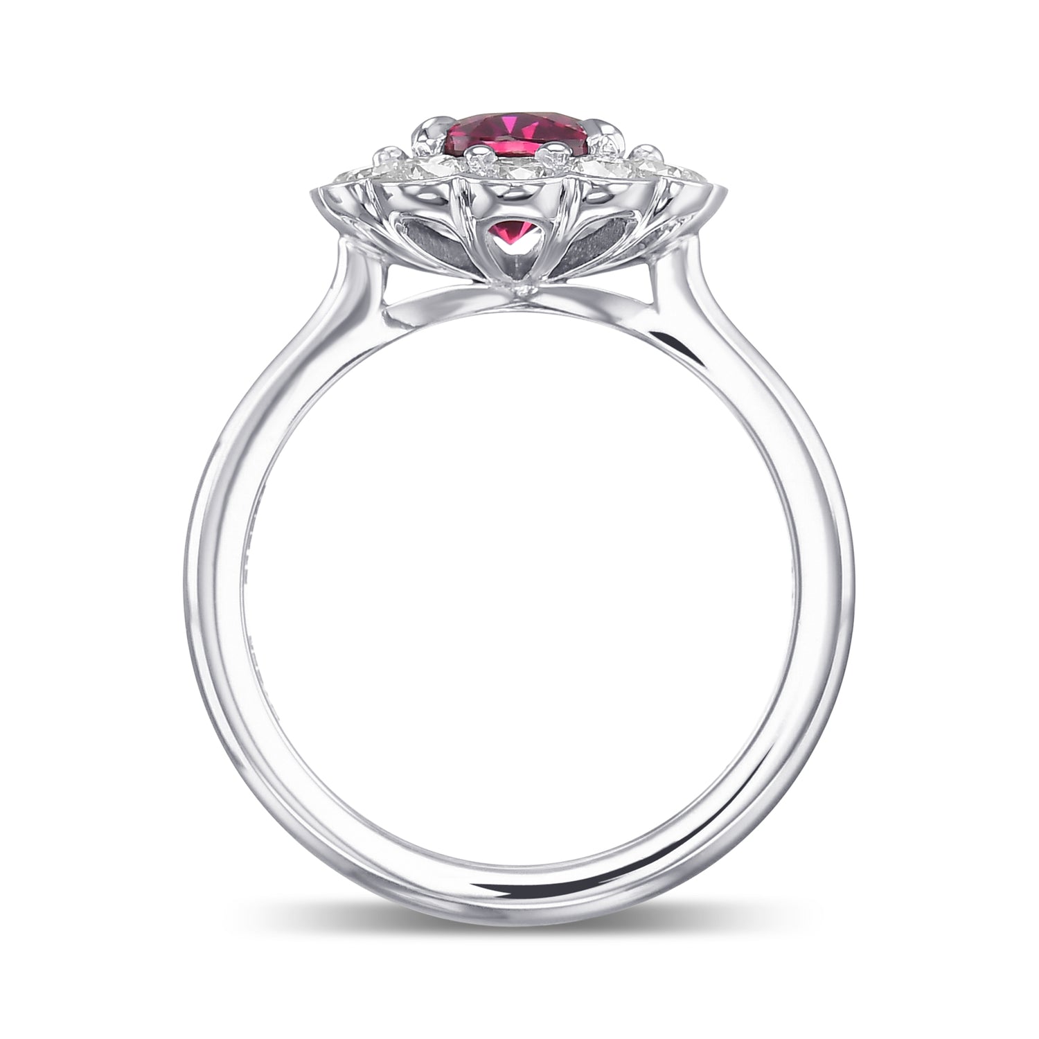 Scalloped Oval Red Ruby & Round Brilliant Diamond Halo Ring