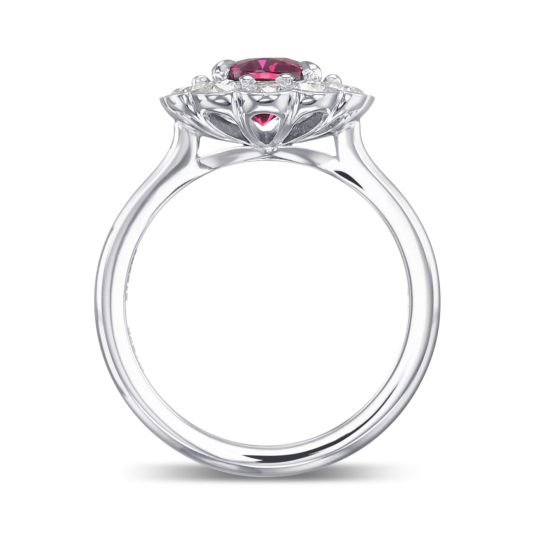 Scalloped Oval Red Ruby & Round Brilliant Diamond Halo Ring