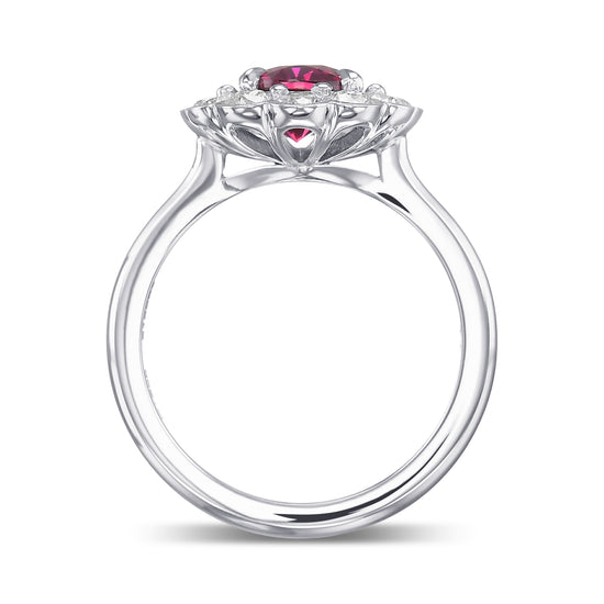 Scalloped Oval Red Ruby & Round Brilliant Diamond Halo Ring