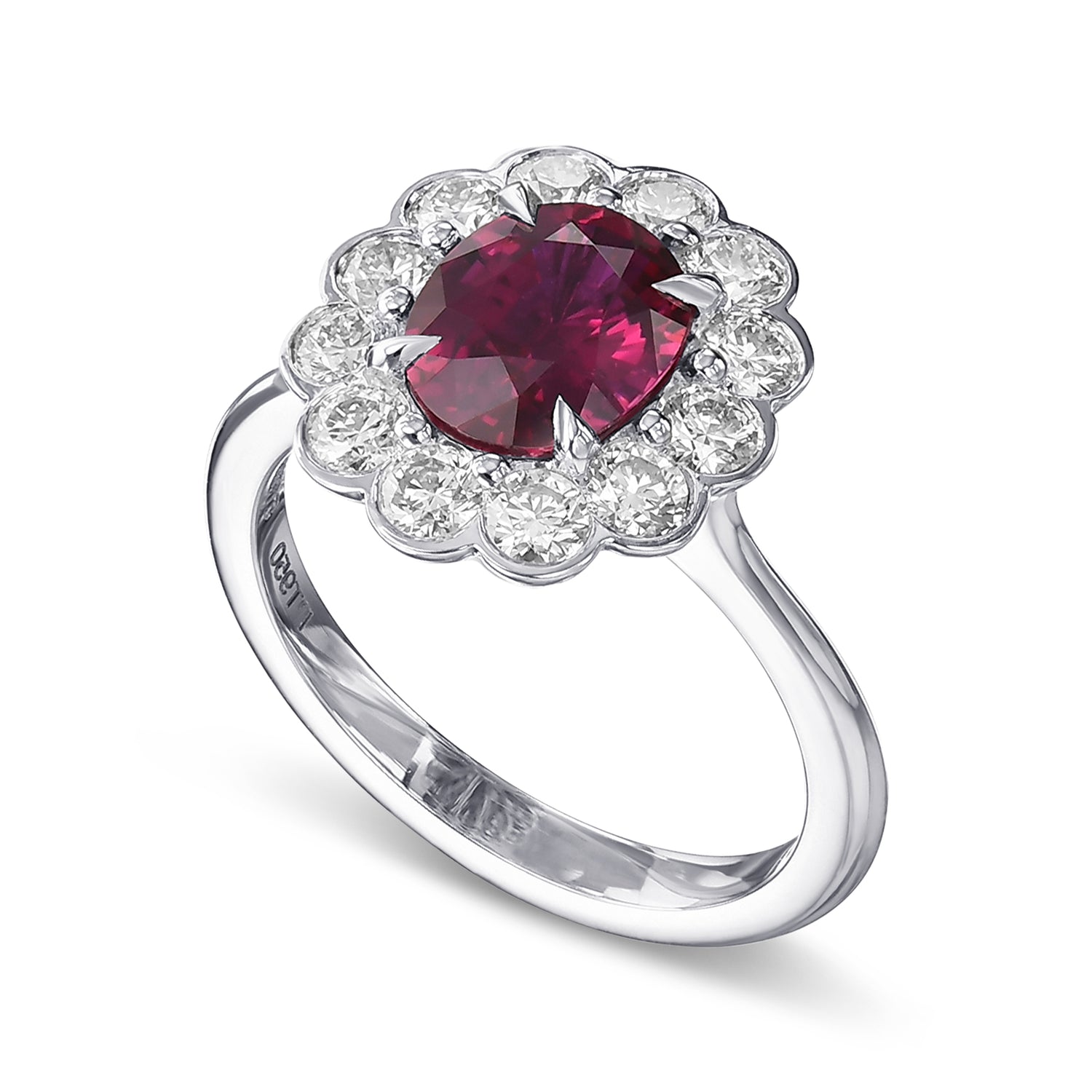 Scalloped Oval Red Ruby & Round Brilliant Diamond Halo Ring