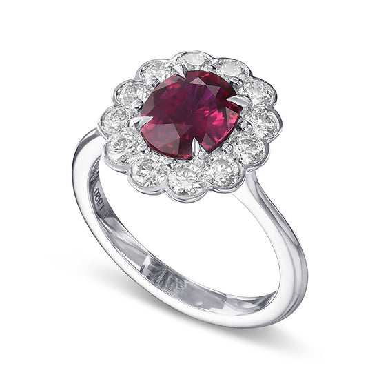 Scalloped Oval Red Ruby & Round Brilliant Diamond Halo Ring