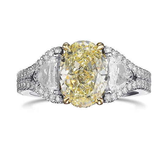 Light Yellow Oval 3 Stone Diamond Ring