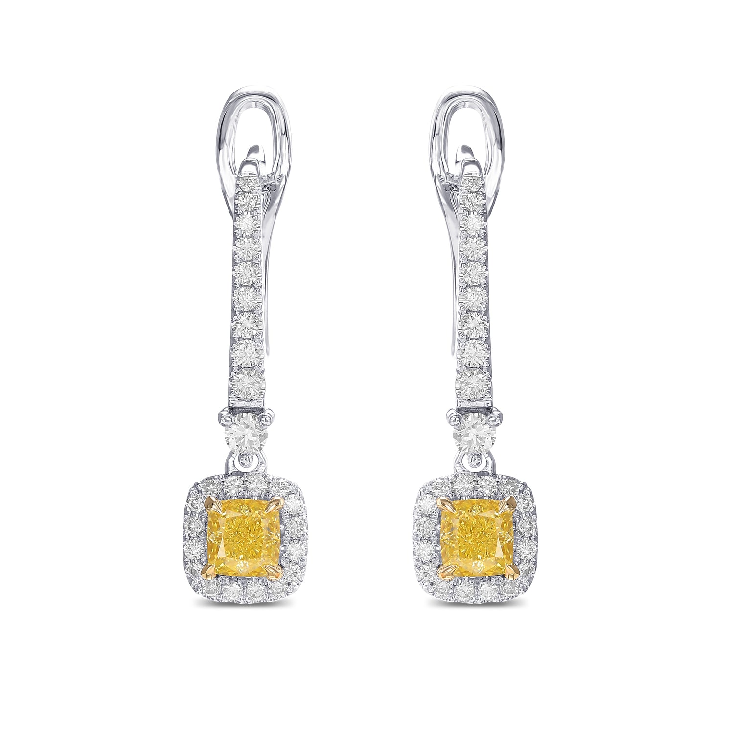 Fancy Yellow Cushion Diamond Drop Halo Earrings