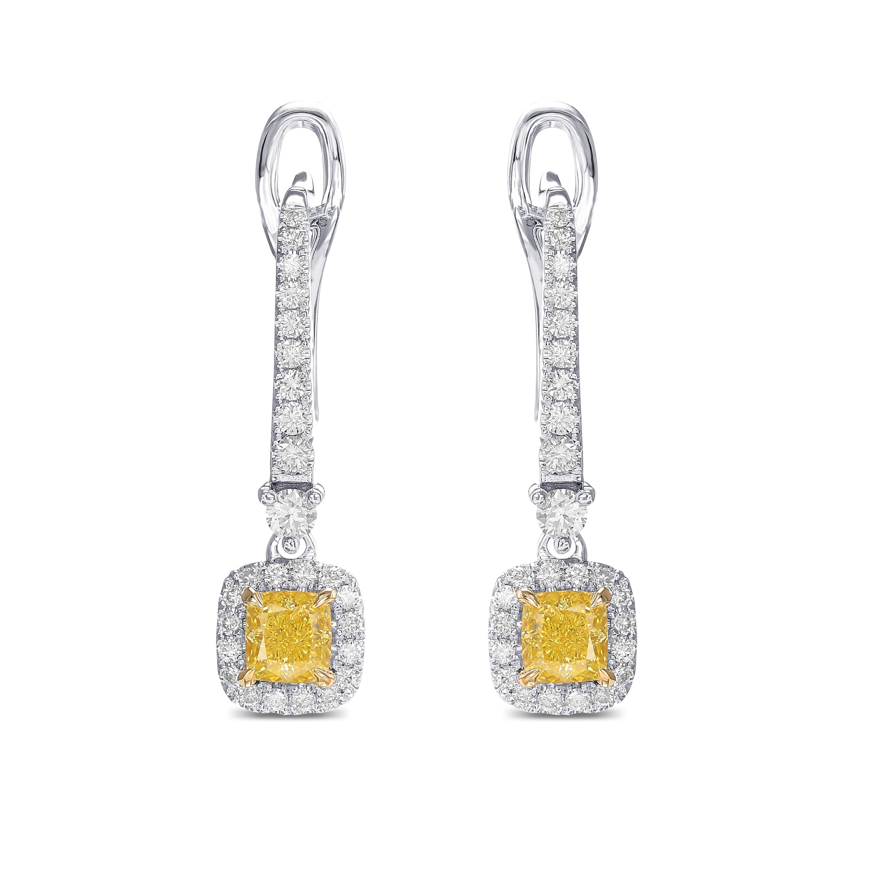 Fancy Yellow Cushion Diamond Drop Halo Earrings