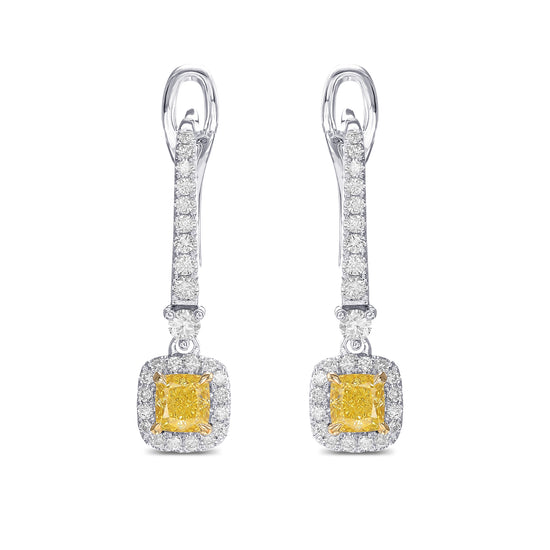 Fancy Yellow Cushion Diamond Drop Halo Earrings