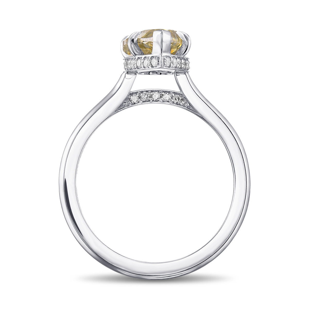 Fancy Deep Greenish Yellow Pear Hidden Halo Diamond Ring