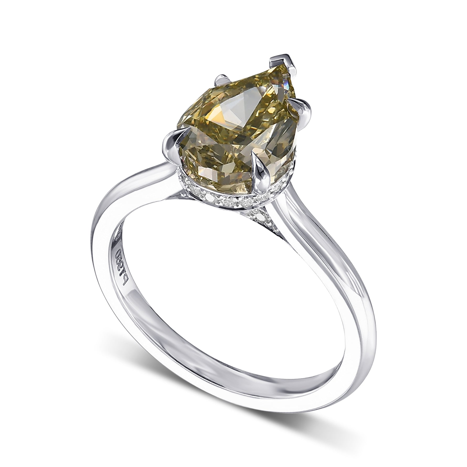 Fancy Deep Greenish Yellow Pear Hidden Halo Diamond Ring
