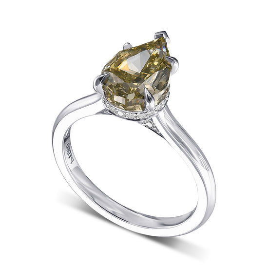 Fancy Deep Greenish Yellow Pear Hidden Halo Diamond Ring
