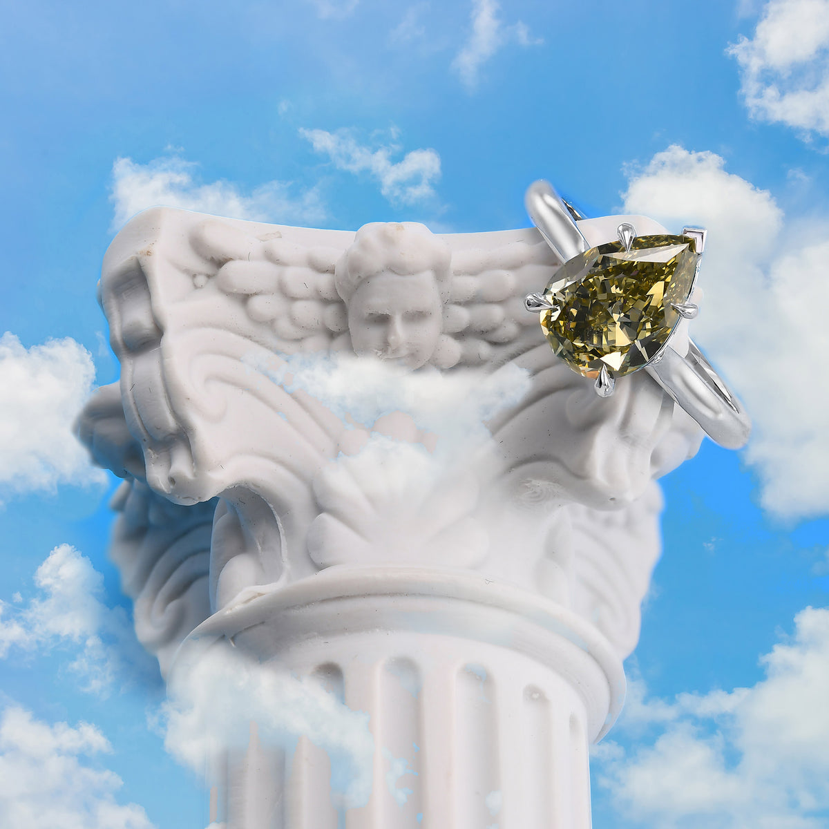 Fancy Deep Greenish Yellow Pear Hidden Halo Diamond Ring