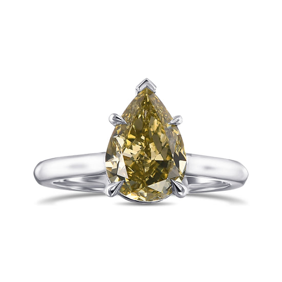 Fancy Deep Greenish Yellow Pear Hidden Halo Diamond Ring
