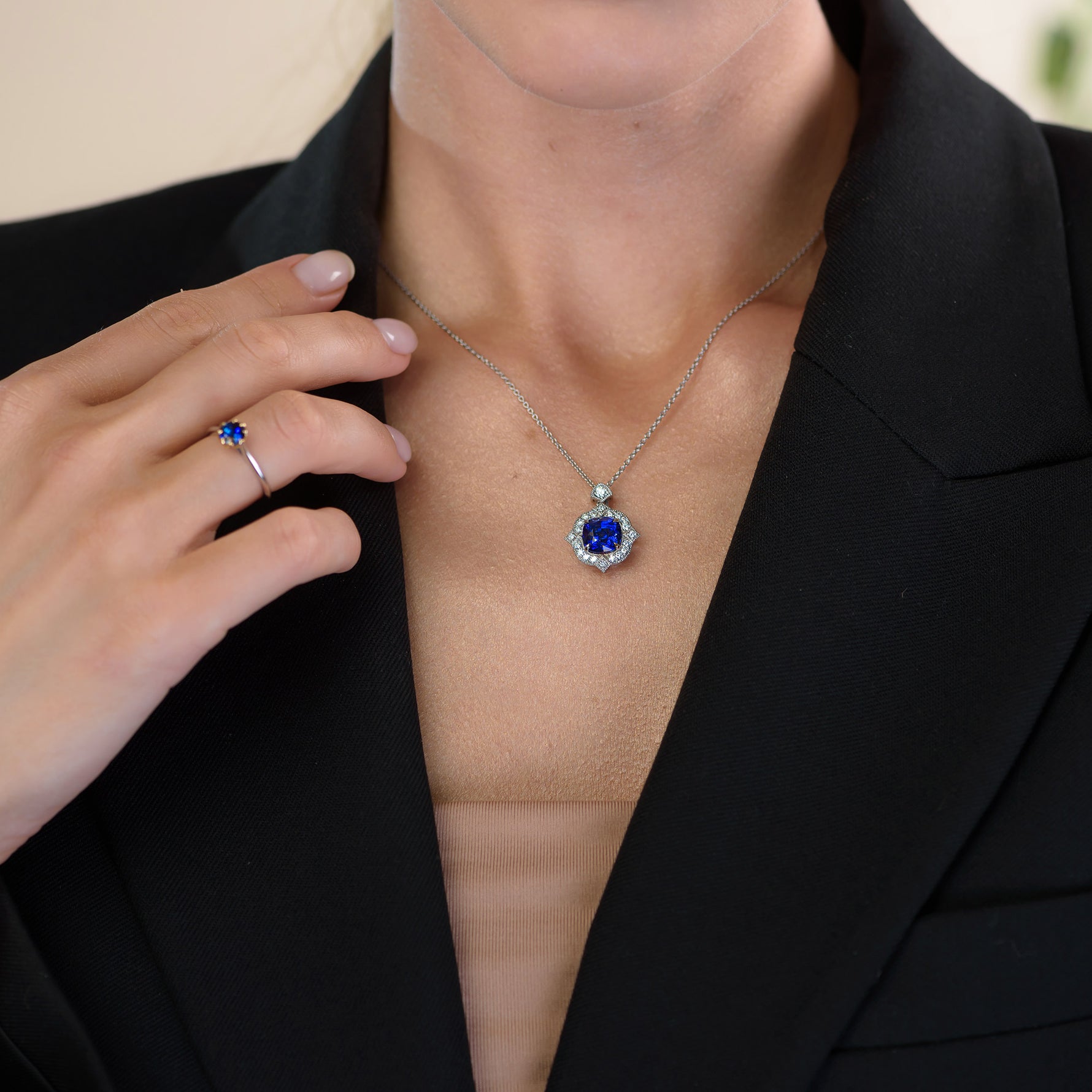 Royal Blue Sapphire Cushion Diamond Vintage-Style Pendant