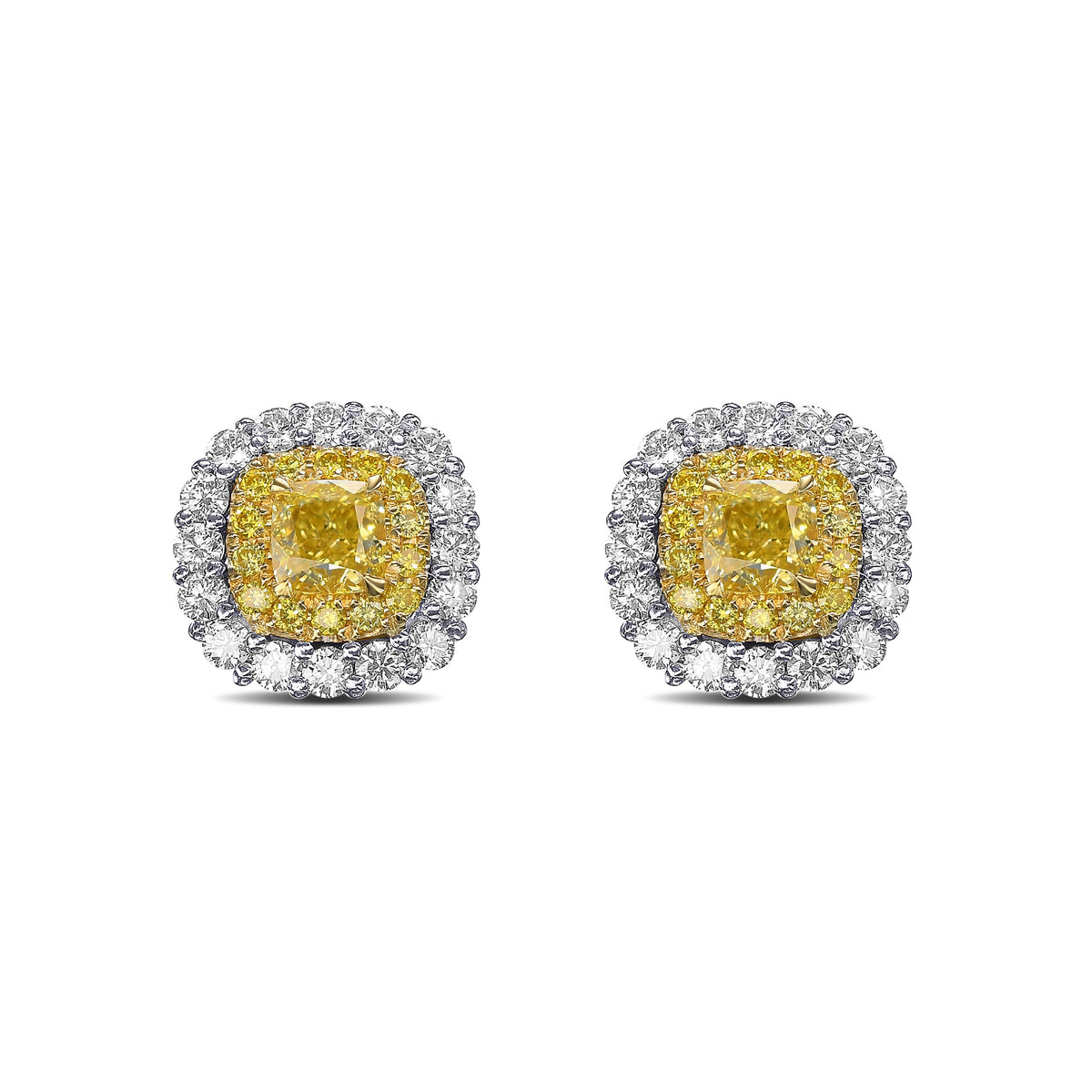 Fancy Intense Yellow Cushion Diamond Double Halo Earrings