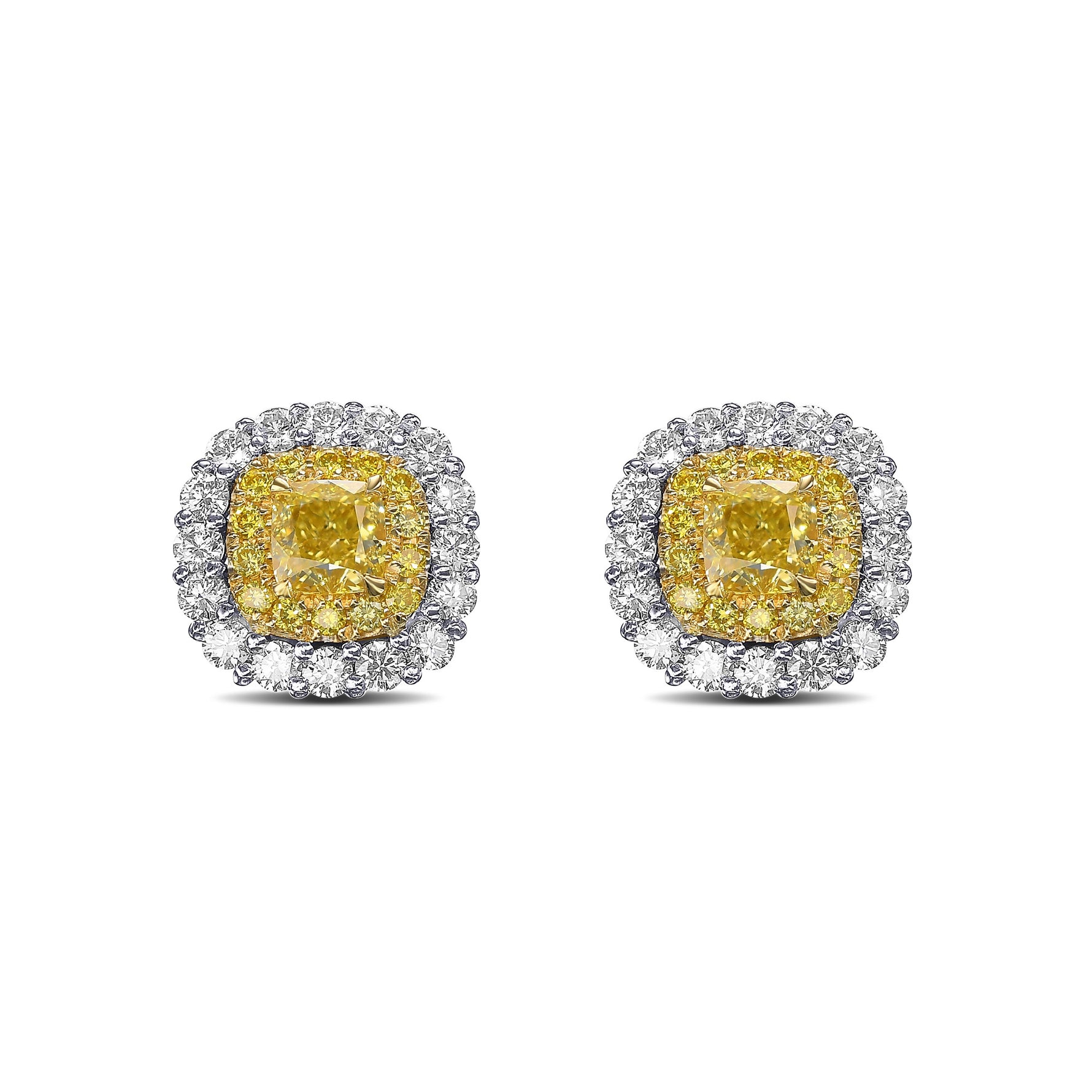 Fancy Intense Yellow Cushion Diamond Double Halo Earrings