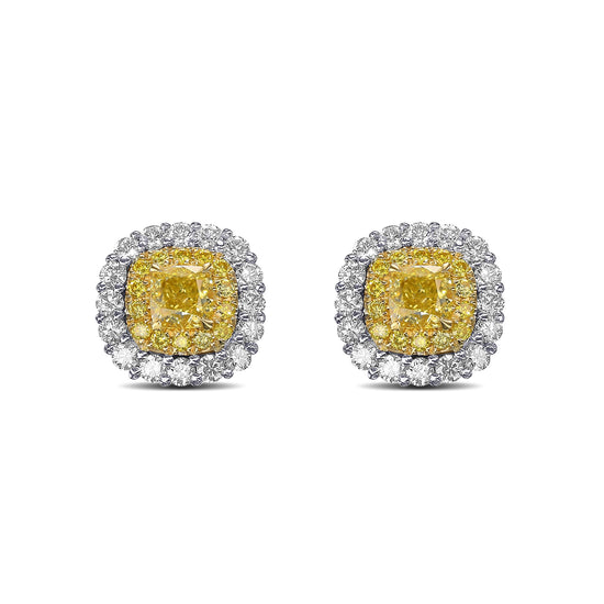 Fancy Intense Yellow Cushion Diamond Double Halo Earrings