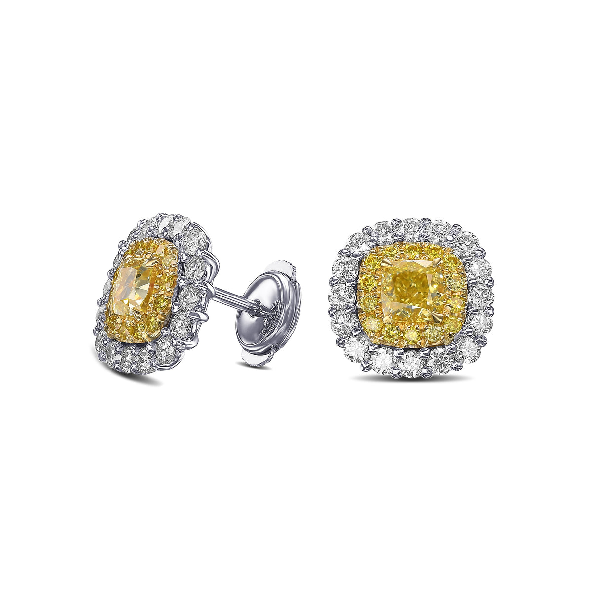Fancy Intense Yellow Cushion Diamond Double Halo Earrings