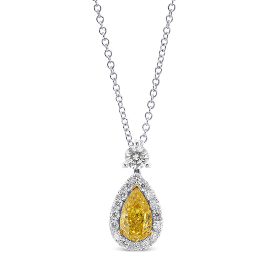 Fancy Vivid Yellow Pear Halo Diamond Pendant