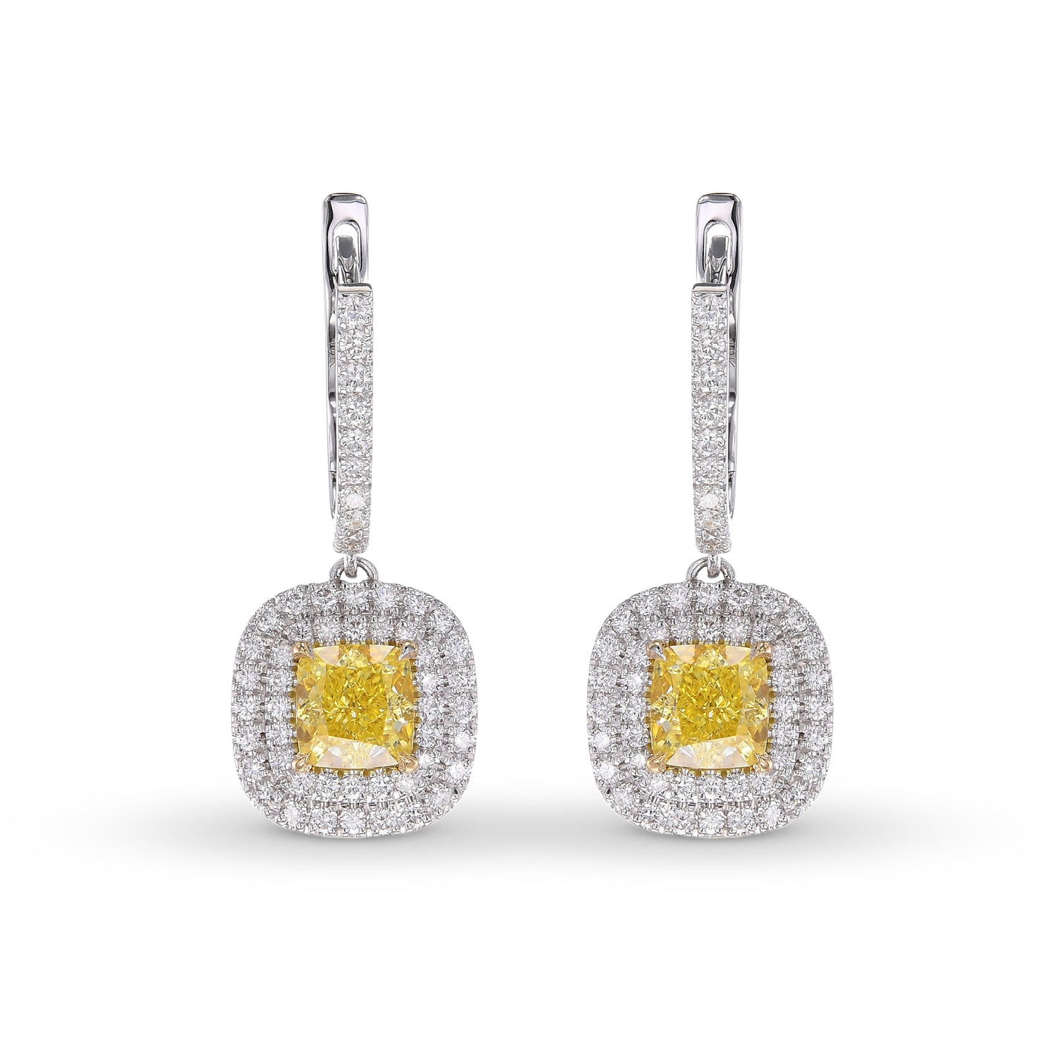 Fancy Intense Yellow Cushion Halo Drop Diamond Earrings