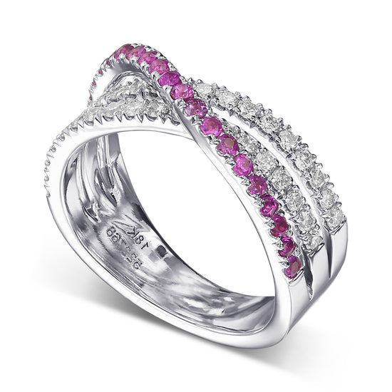 Pink Sapphire & Diamond Cross-over Pave Band Ring