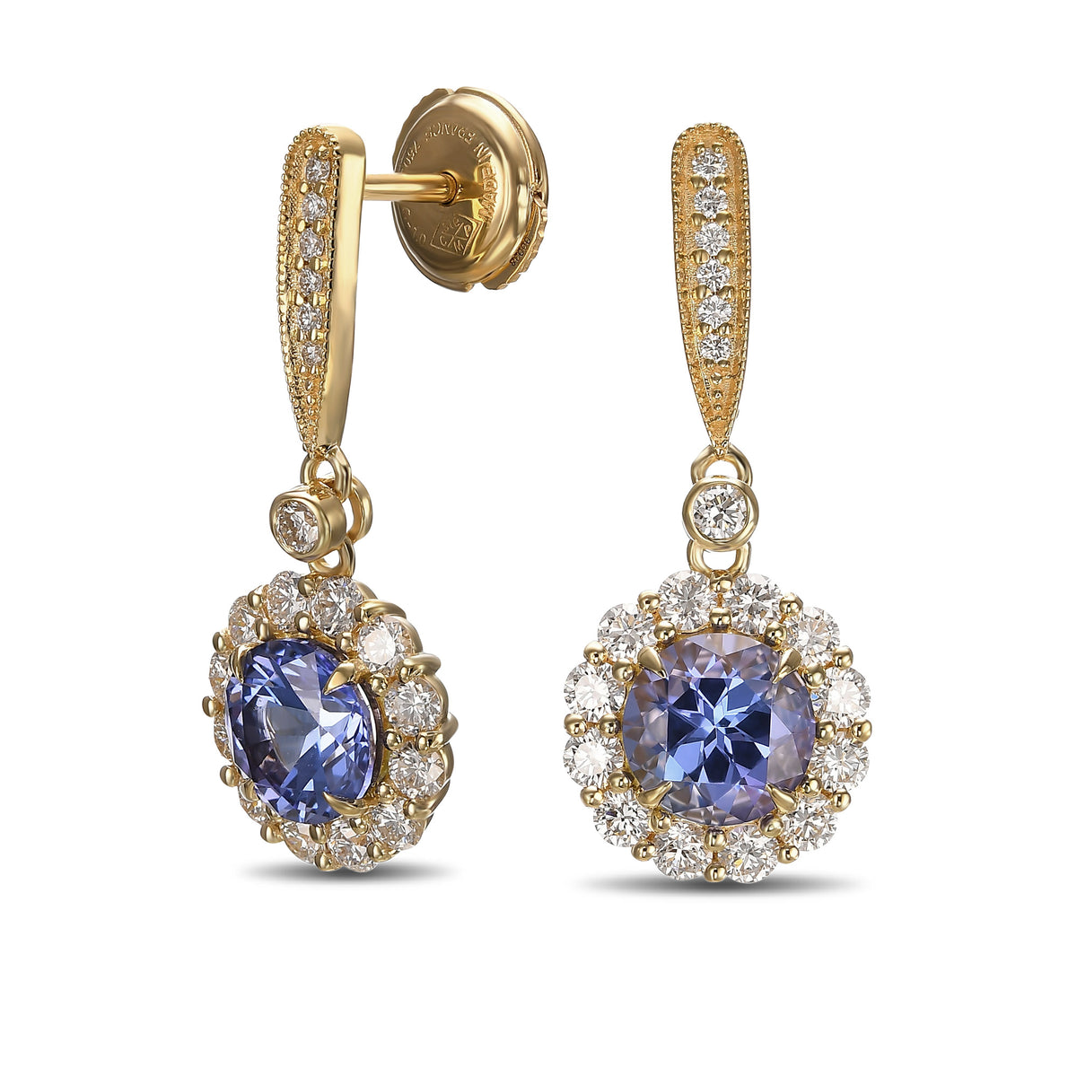 Round Tanzanite & Diamond Drop Halo Earrings