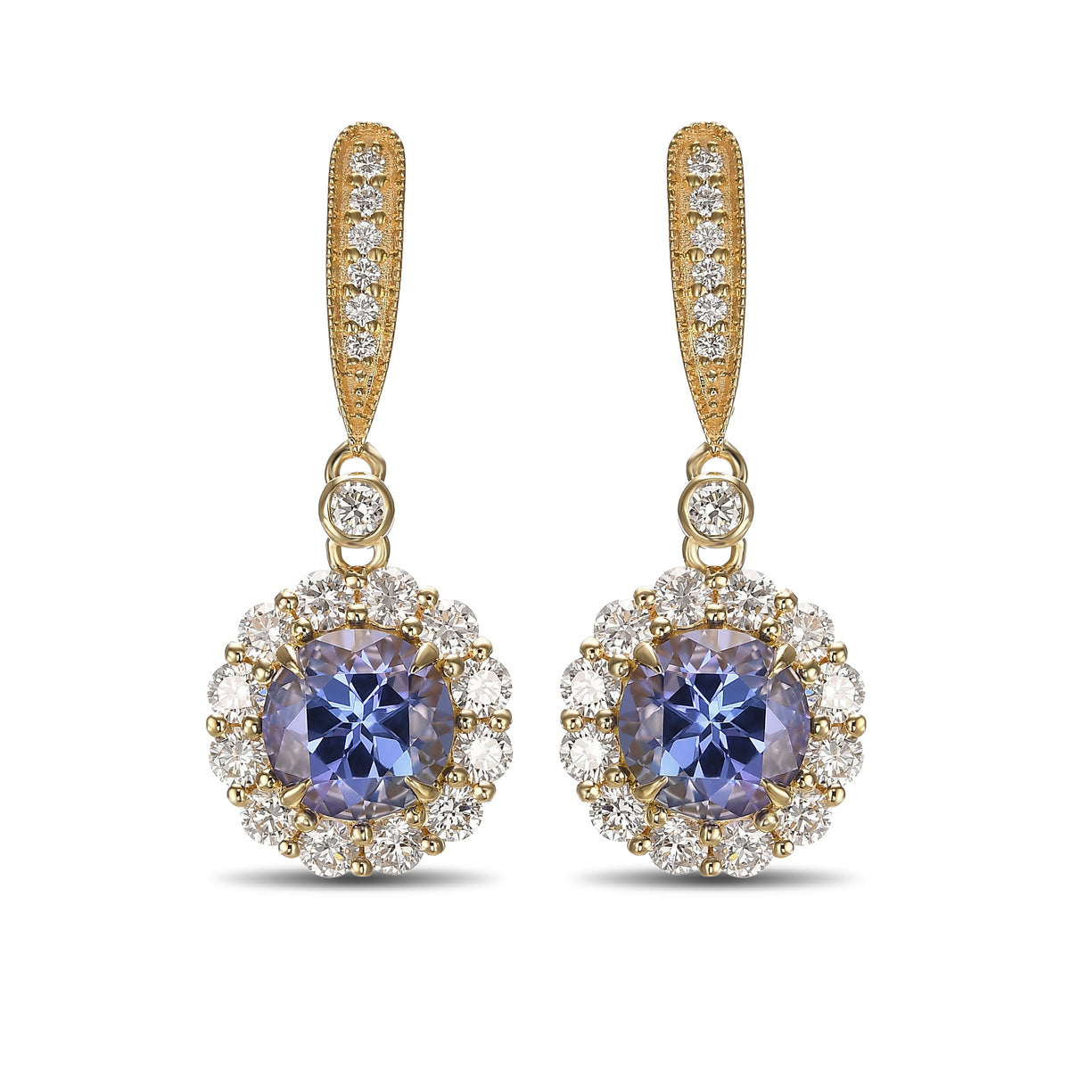 Round Tanzanite & Diamond Drop Halo Earrings