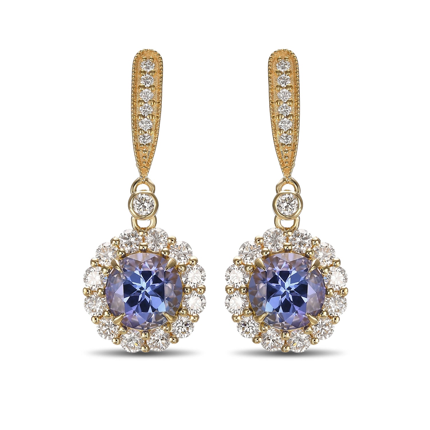 Round Tanzanite & Diamond Drop Halo Earrings