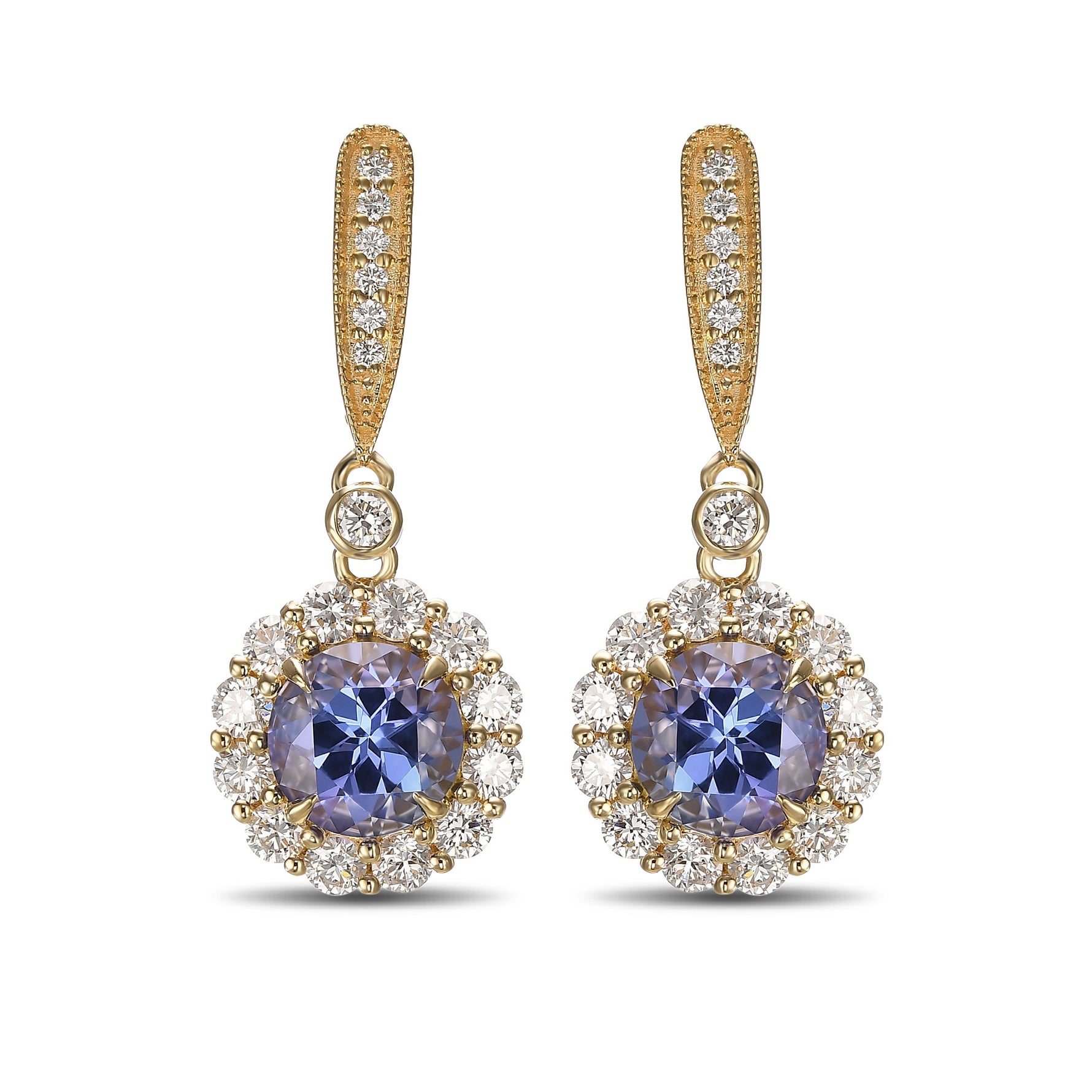 Round Tanzanite & Diamond Drop Halo Earrings