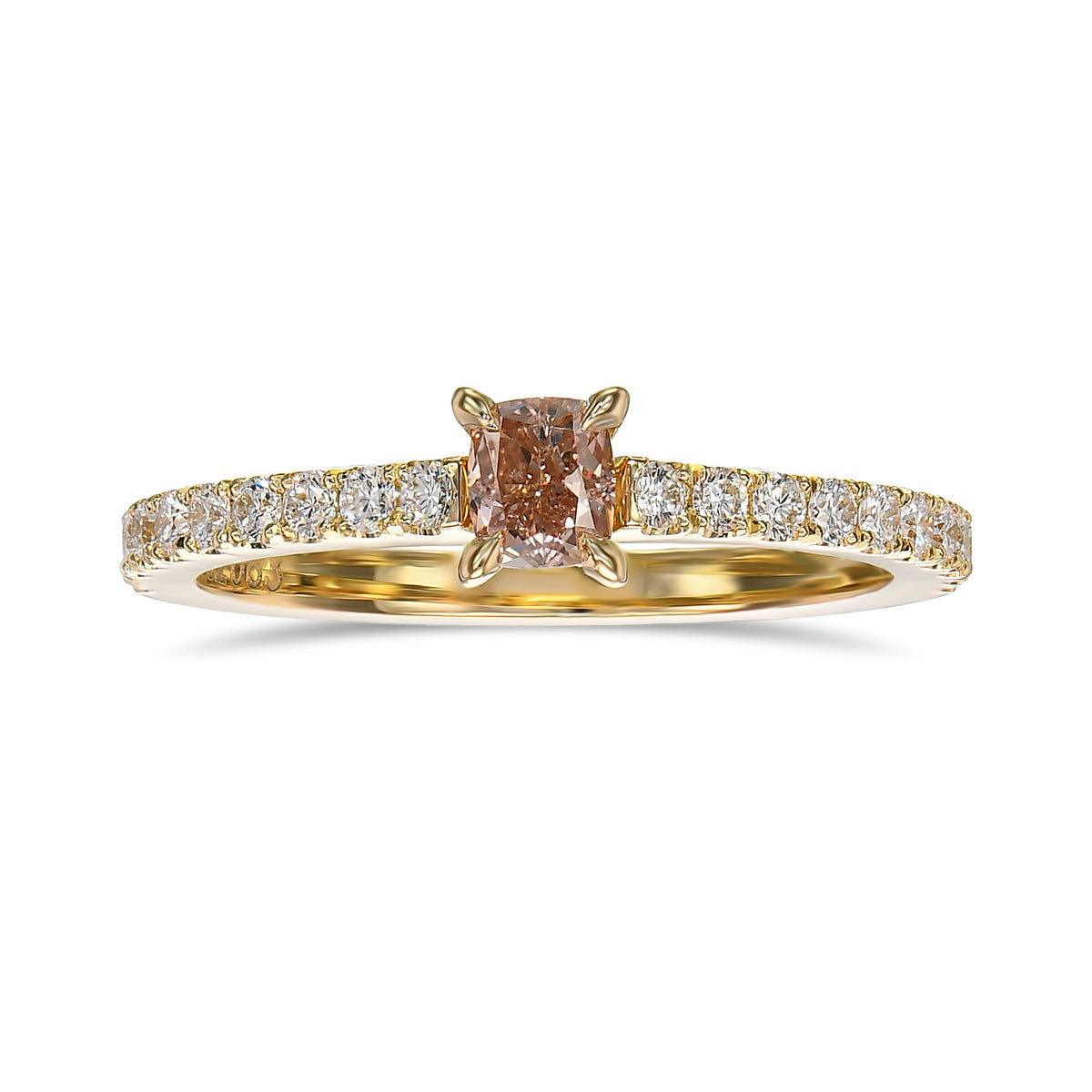 Fancy Brownish Orangy Pink Cushion Solitaire & Pave Side-stone Diamond Ring