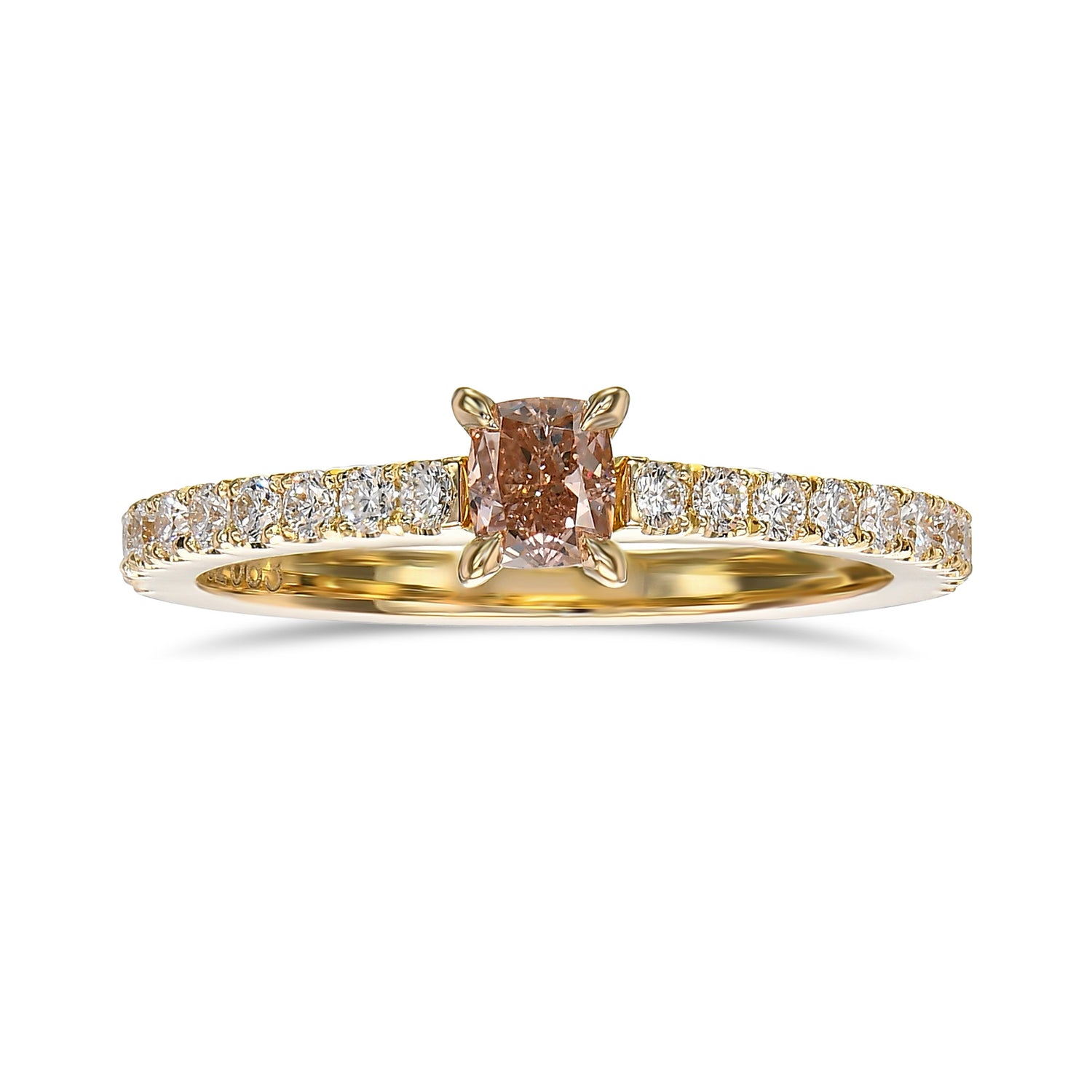 Fancy Brownish Orangy Pink Cushion Solitaire & Pave Side-stone Diamond Ring