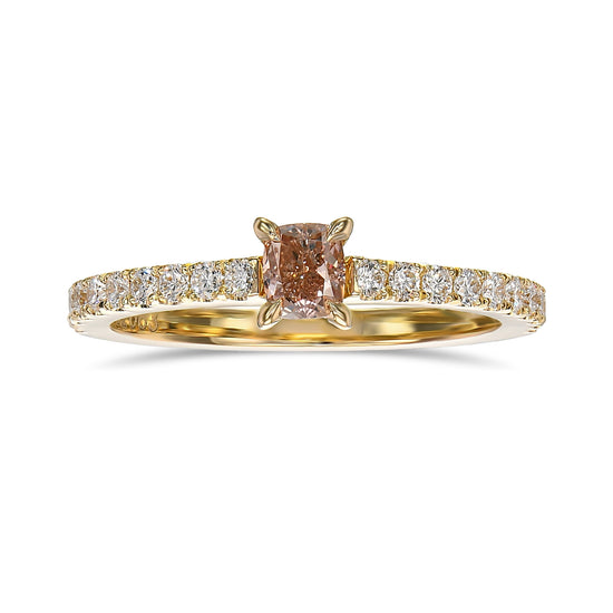 Fancy Brownish Orangy Pink Cushion Solitaire & Pave Side-stone Diamond Ring