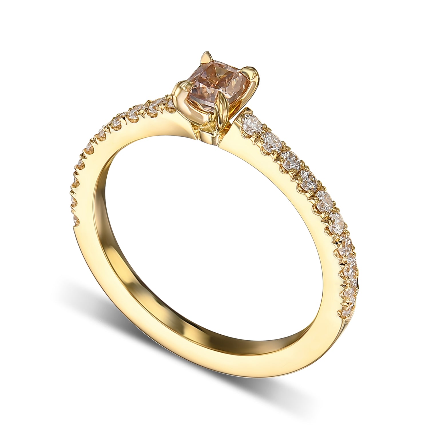 Fancy Brownish Orangy Pink Cushion Solitaire & Pave Side-stone Diamond Ring