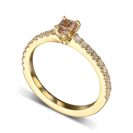 Fancy Brownish Orangy Pink Cushion Solitaire & Pave Side-stone Diamond Ring