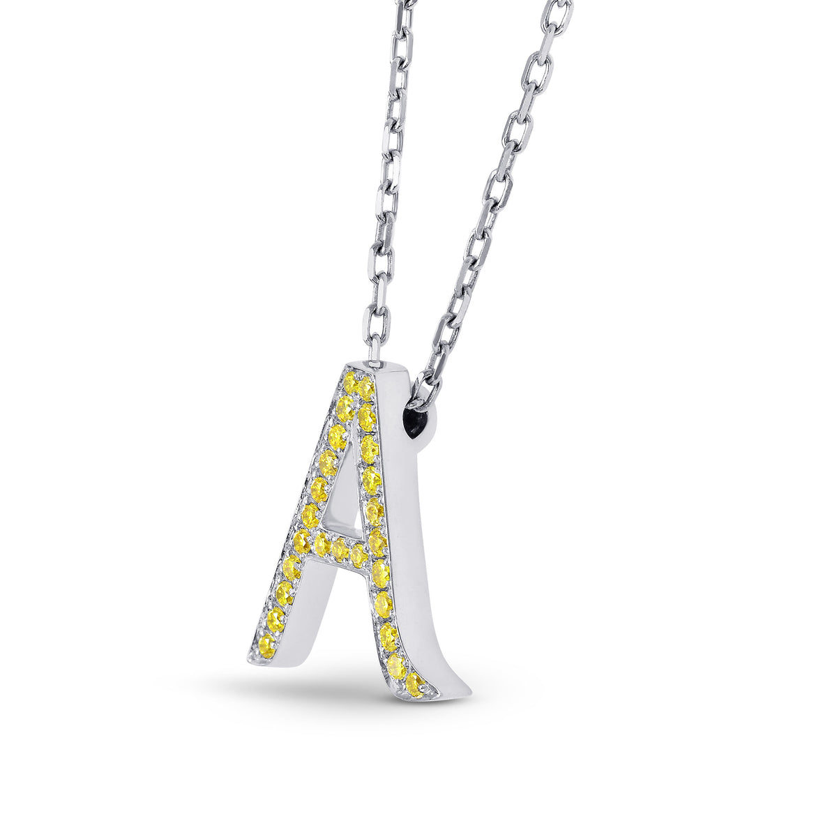 Fancy Vivid Yellow "A" Letter pendant set in 0.11ct Brilliant Pave and 18K Gold