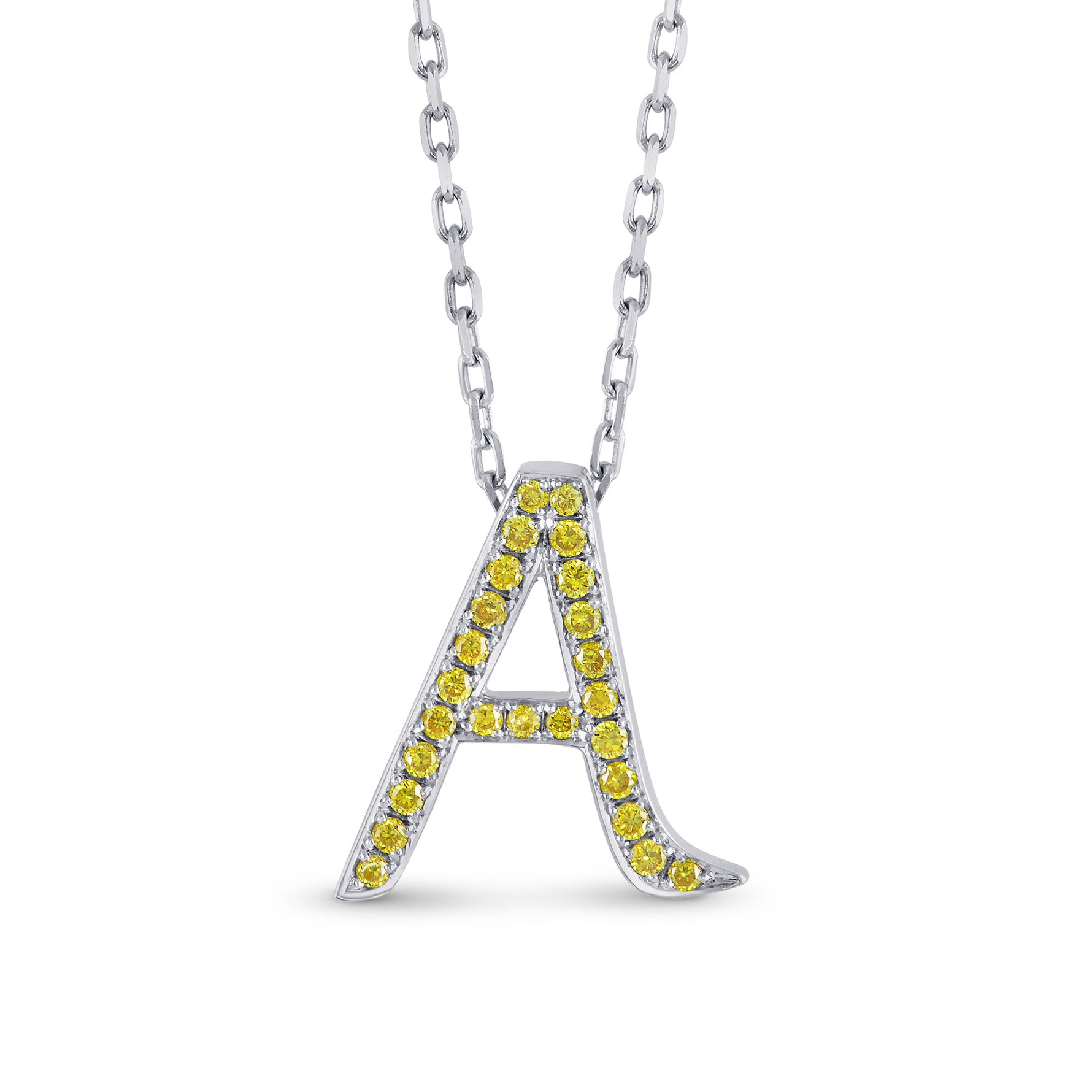 Fancy Vivid Yellow "A" Letter pendant set in 0.11ct Brilliant Pave and 18K Gold