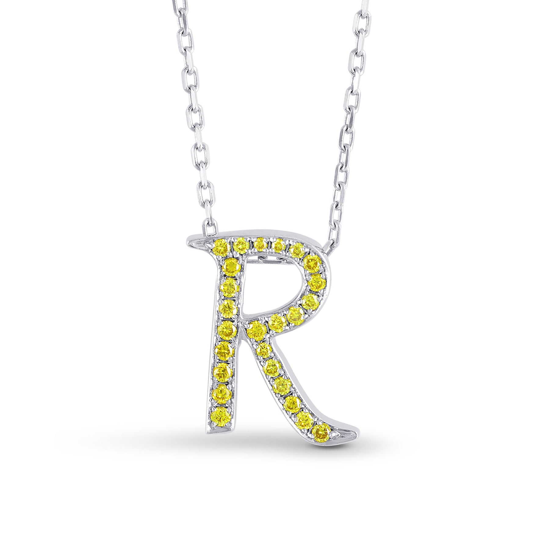 Fancy Vivid Yellow "R" Letter pendant set in 0.20ct Brilliant Pave and 18K Gold