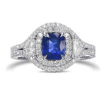 Cushion Sapphire & Diamond Half-Moon Double Halo Ring
