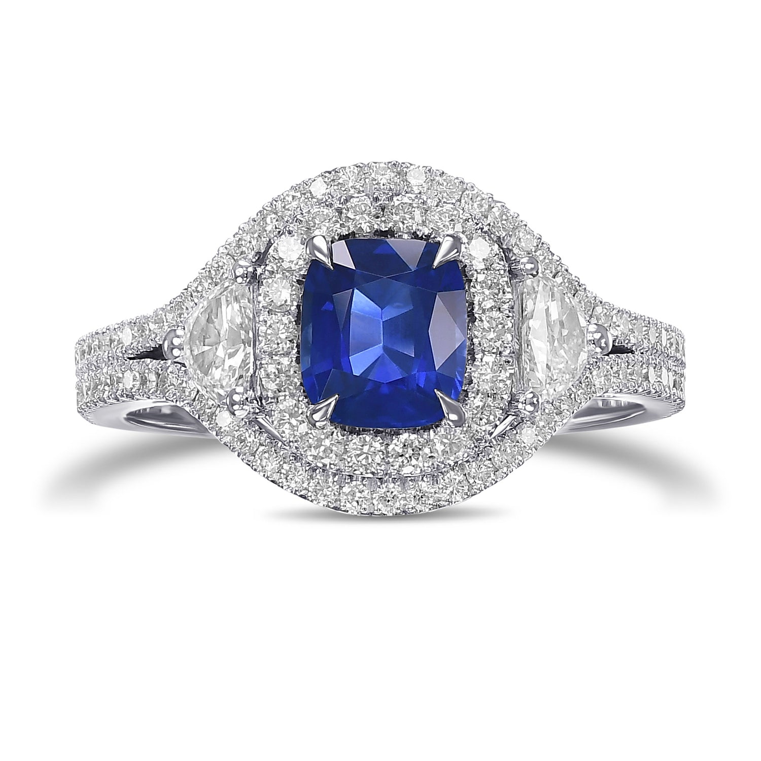 Cushion Sapphire & Diamond Half-Moon Double Halo Ring