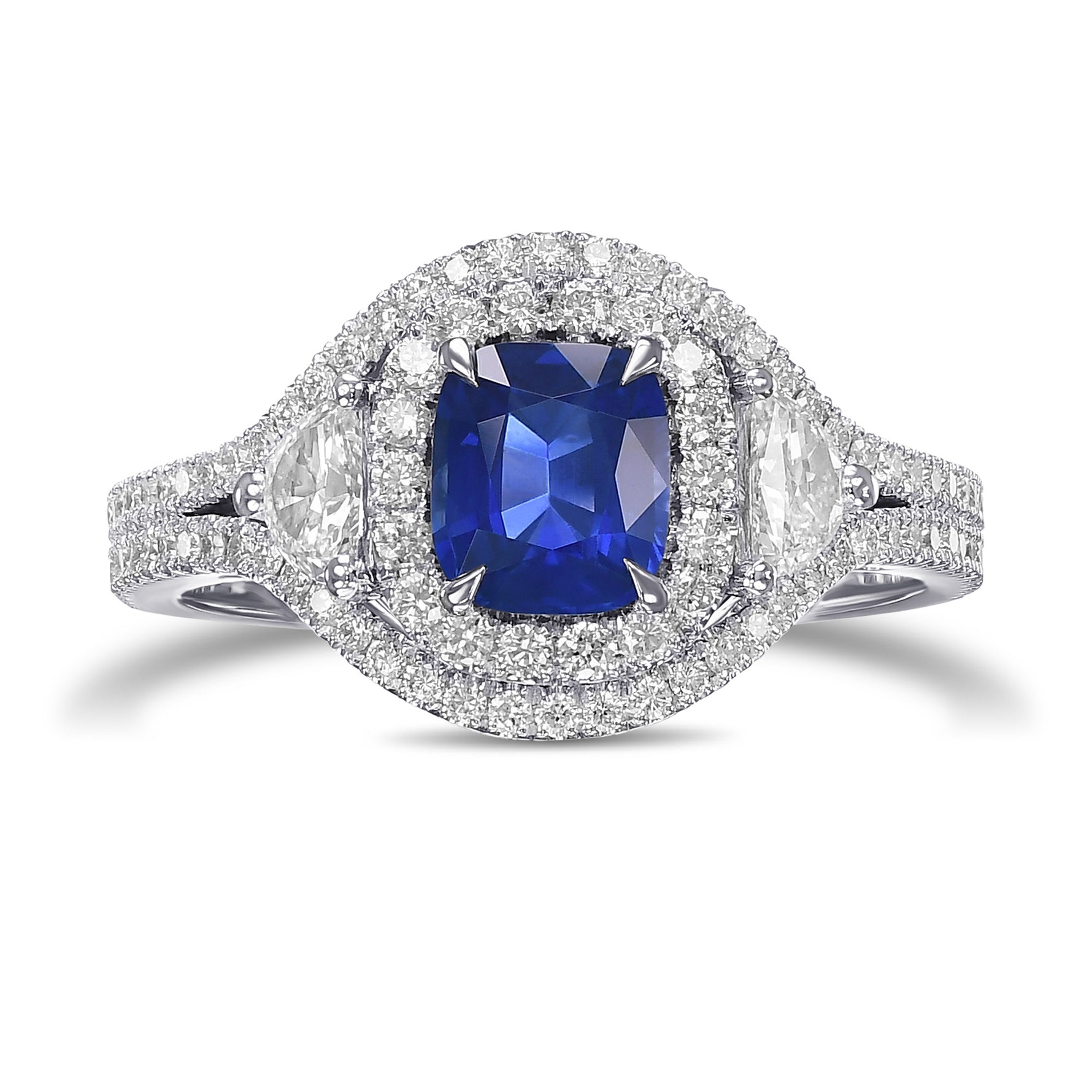Cushion Sapphire & Diamond Half-Moon Double Halo Ring