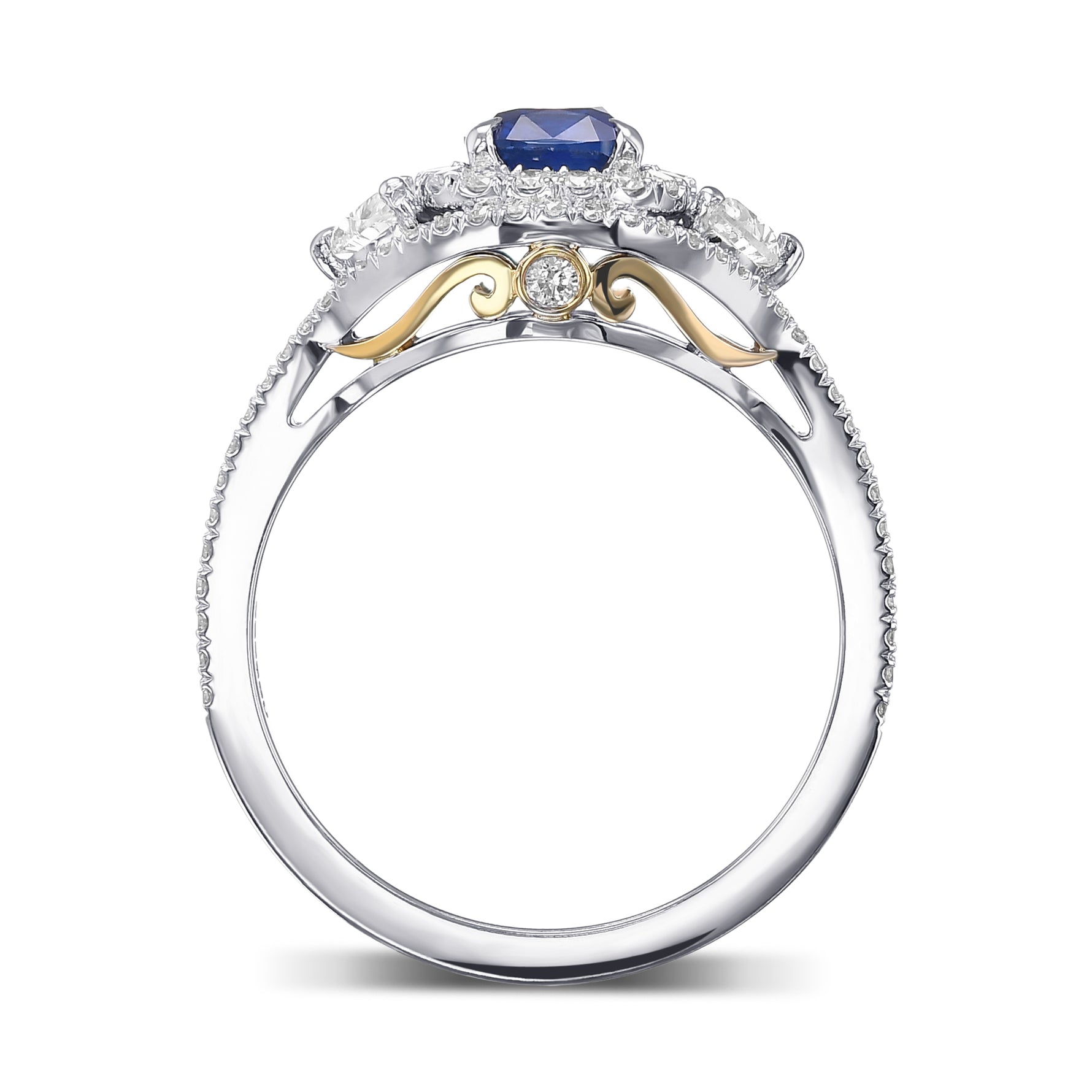 Cushion Sapphire & Diamond Half-Moon Double Halo Ring