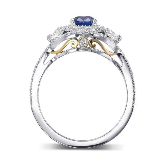 Cushion Sapphire & Diamond Half-Moon Double Halo Ring