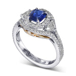 Cushion Sapphire & Diamond Half-Moon Double Halo Ring