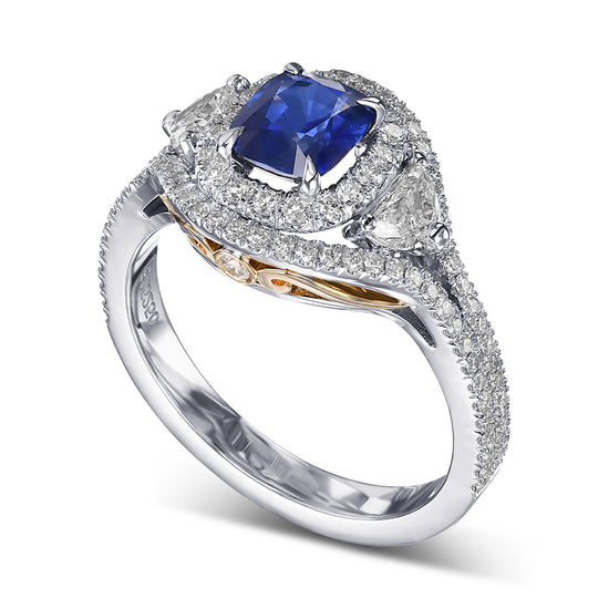 Cushion Sapphire & Diamond Half-Moon Double Halo Ring