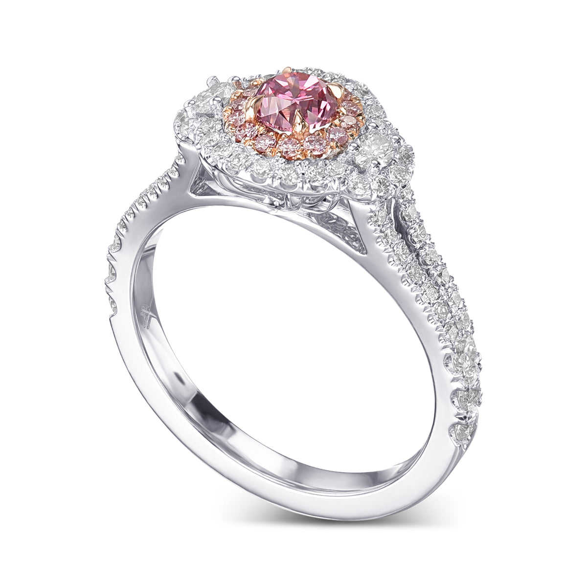 Round Fancy Vivid Purplish Pink & Oval 3 Stone Diamond Ring