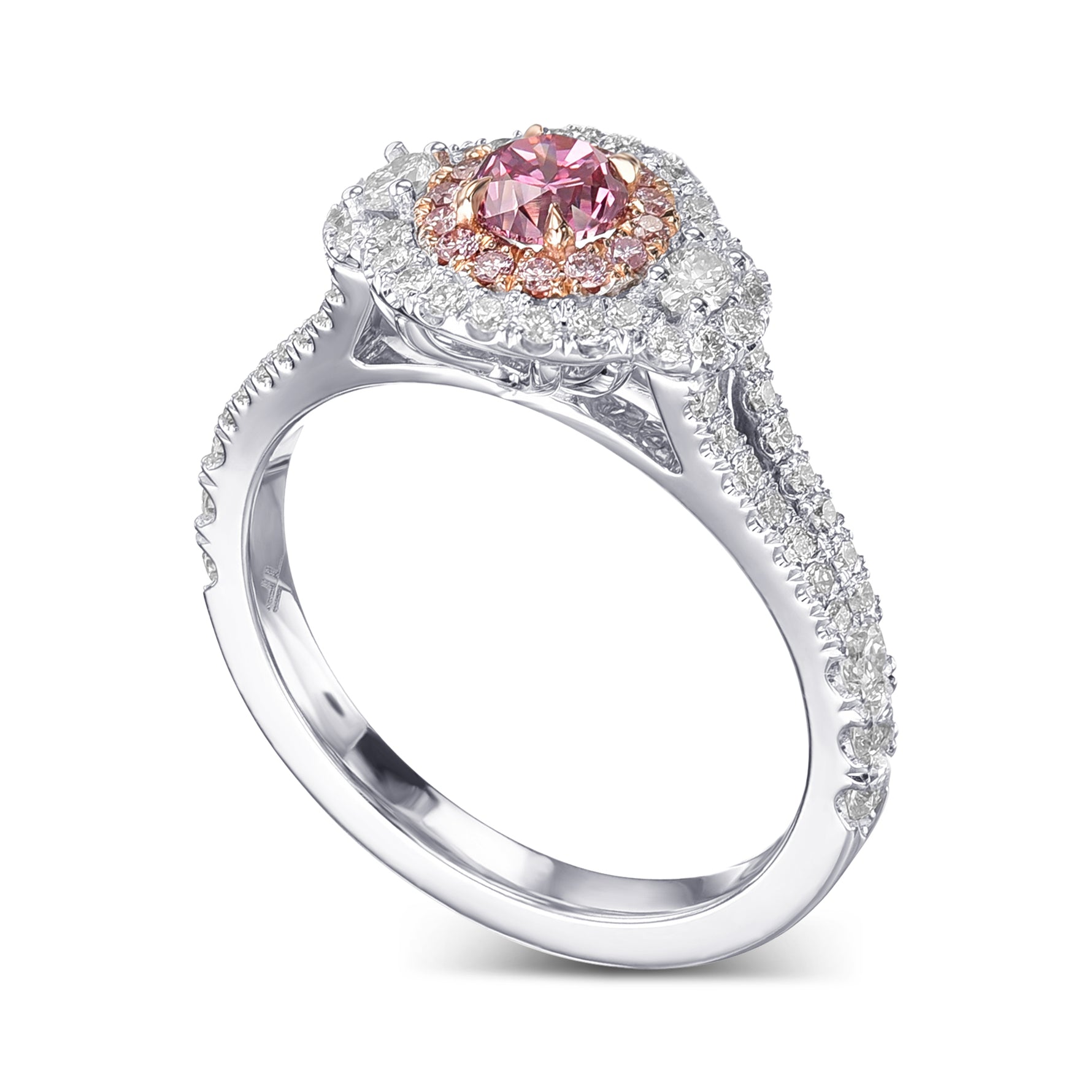 Round Fancy Vivid Purplish Pink & Oval 3 Stone Diamond Ring