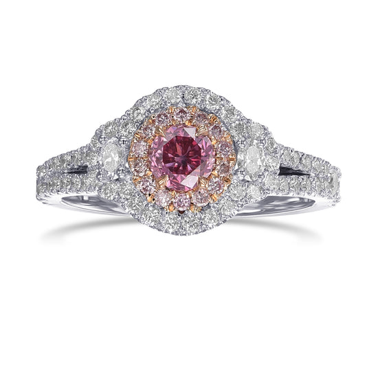 Round Fancy Vivid Purplish Pink & Oval 3 Stone Diamond Ring