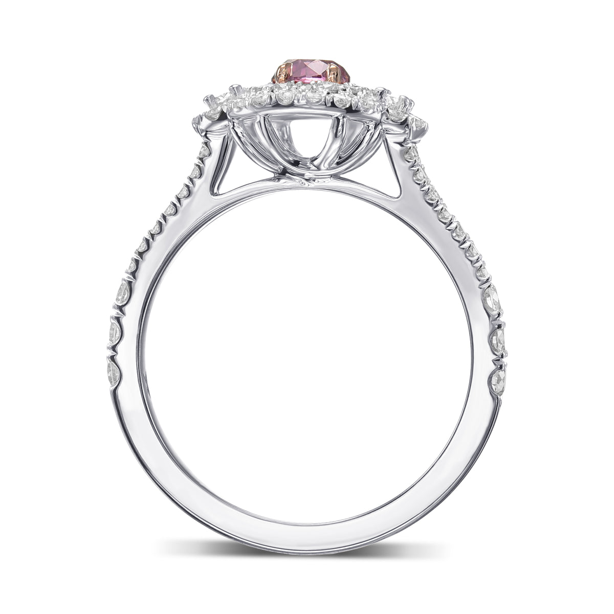 Round Fancy Vivid Purplish Pink & Oval 3 Stone Diamond Ring